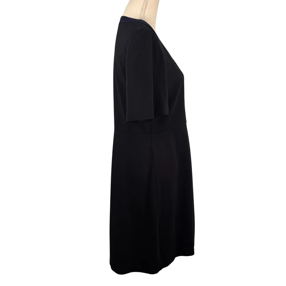 Tory Burch Navy Wool Blend V-Neck Shift Dress Suede Trim Classic Quiet Luxury L‎